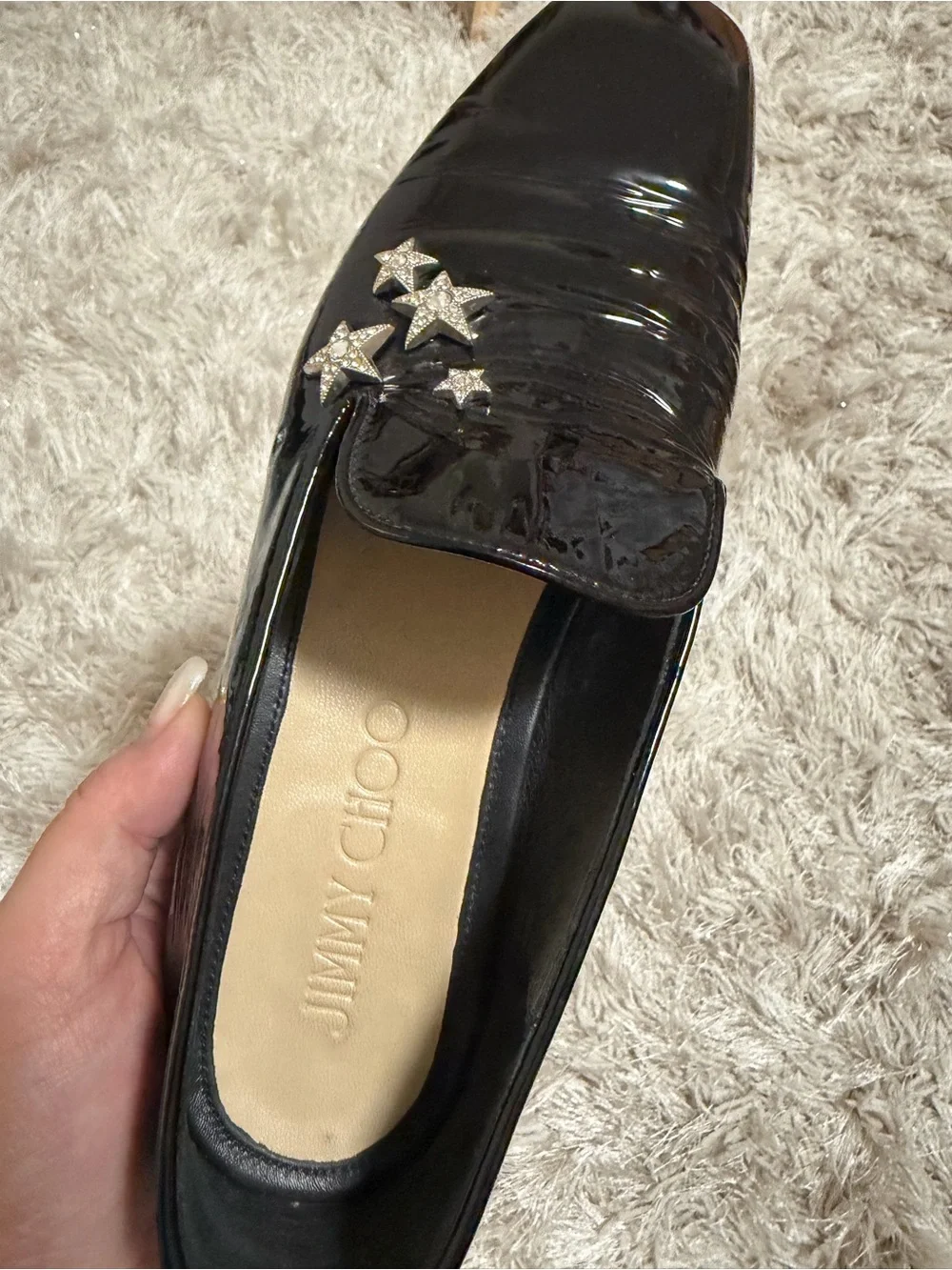 Jimmy Choo Black Patent Loafers with Silver Crystal Stars